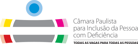 Logo da Câmara Paulista para Inclusão da Pessoa com Deficiência no Mercado de Trabalho Formal. O logo tem um círculo azul centralizado na parte superior com duas retas paralelas logo abaixo, formando um sinal de igual na cor cinza, que lembra a imagem de uma pessoa. Cada ponta do sinal de igual possui uma cor diferente: amarelo, vermelho, rosa e verde. Abaixo está escrito “Câmara Paulista para Inclusão da Pessoa com Deficiência” e o slogan “TODAS AS VAGAS PARA TODAS AS PESSOAS”.