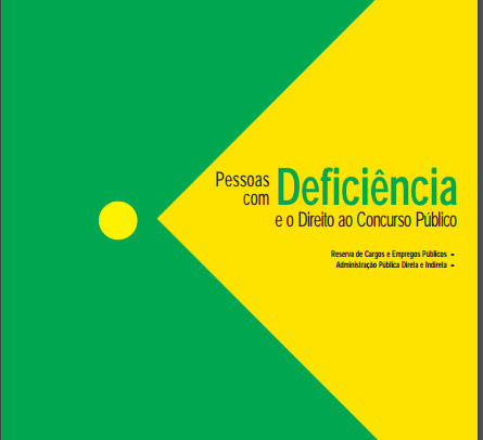 Descrição de Imagem: Capa do livro “Pessoas com Deficiência e o Direito ao Concurso Público” de Maria Aparecida Gurgel. O título está escrito sobre um fundo verde com um triângulo amarelo que remete à bandeira do Brasil. Acima segue o nome de autora e o aviso de “Distribuição Gratuita”, abaixo está o logo da Editora da UGC.