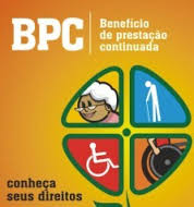 Descrição de Imagem: Cartaz com o fundo laranja, acima está escrito BPC - Benefício de Prestação Continuada e na parte inferior está a frase "Conheça seus Direitos". No centro estão quatro ilustrações: uma idosa, um senhor de bengala, e duas ilustrações de cadeira de rodas