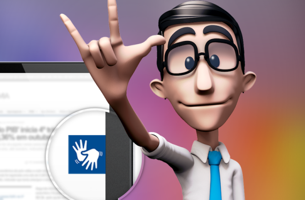 Descrição de Imagem: Personagem Hugo do aplicativo Hand Talk. Hugo é o desenho de um homem de cabelos curtos e pretos, veste uma camisa social branca, gravata azul e usa óculos. Na imagem, ele está sorrindo e fazendo com a mão o sinal de “I Love You” (“Eu amo você” em inglês). Ao lado esquerdo, tem o desenho de uma tela de computador com o símbolo da LIBRAS indicando que o site possui este recurso de acessibilidade.