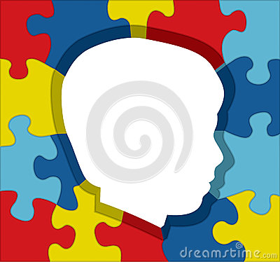 Descrição de Imagem: Desenho de uma cabeça branca de perfil sobre um quebra-cabeças com peças nas cores azul, amarelo e vermelho.