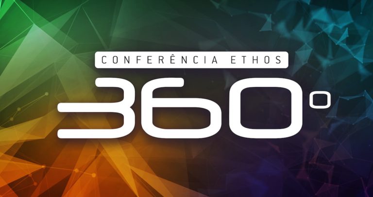 Descrição de Imagem: Logotipo do evento com o texto CONFERÊNCIA ETHOS 360º escrito em branco sobre um fundo escuro e colorido que mistura as cores verde, amarelo e azul.
