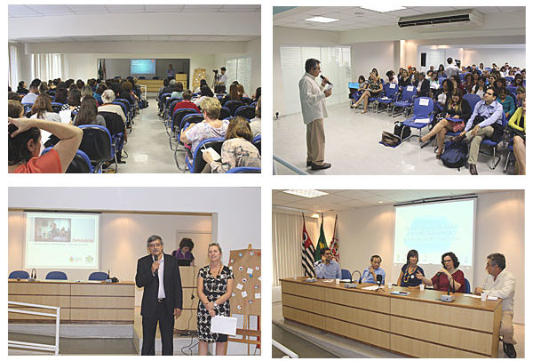 Descrição de Imagem: Galeria de fotos do Seminário Transtorno Mental e Empregabilidade. São quatro fotos que mostram o auditório onde foi realizado o seminário, e alguns palestrantes que participaram do evento.