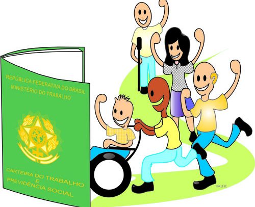 Descrição de Imagem: Do lado esquerdo está o desenho de uma carteira de trabalho aberta como se fosse uma porta. Do lado direito está o desenho de várias pessoas diferentes, com e sem deficiência, corendo para entrar na carteira de trabalho. As pessoas estão sorrindo e comemorando.