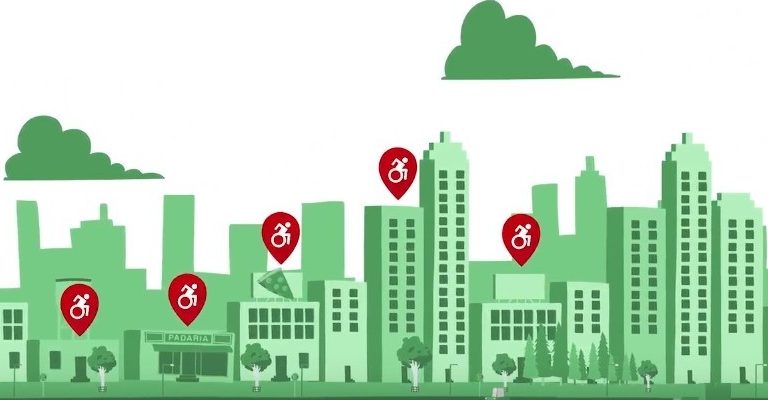 Descrição de Imagem: Desenho de uma cidade com muitos prédios e casas, todos em verde. Acima de alguns imóveis tem um balão vermelho com o símbolo da acessibilidade , uma pessoa de cadeiras de rodas, ilustrando a utilidade do aplicativo em apontar quais lugares possuem acessibilidade.