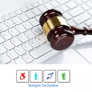 Descrição da imagem: Teclado do computador com um martelo de juiz sobre ele. Abaixo da imagem os símbolos de deficiência física, visual, auditiva e intelectual