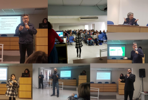 Mosaico com 6 fotos dos palestrantes e do público, com cerca de 100 pessoas.