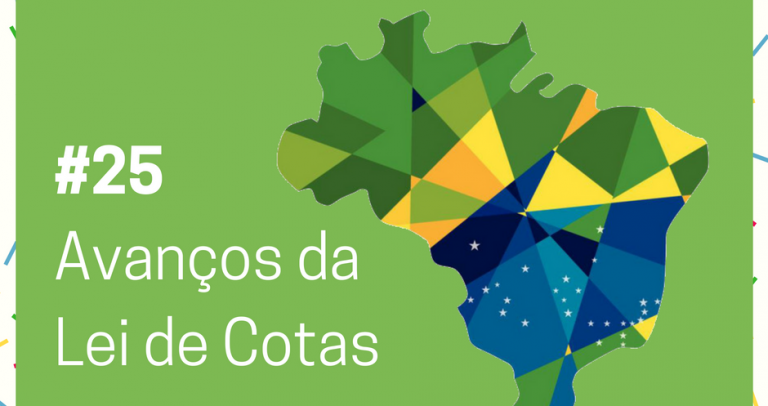 Descrição de imagem: imagem de fundo verde com o texto Lei de Cotas – 27 Dias pela Inclusão. 25. Avanços da Lei de Cotas. Na lateral direita está o desenho do mapa do Brasil colorido com as cores da bandeira do país em vários tons de verde, azul e amarelo. Na parte inferior está o logo do 27º Aniversário da Lei de Cotas e o logo da Câmara Paulista para Inclusão. #27diaspelainclusão