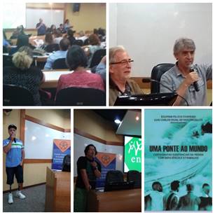 Várias fotos do encontro, do auditório e das pessoas falando ao microfone