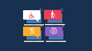 descrição da imagem: no fundo azul escuro aparecem quatro telas de computador com imagens que representam pessoas com deficiência física, auditiva, visual e intelectual.