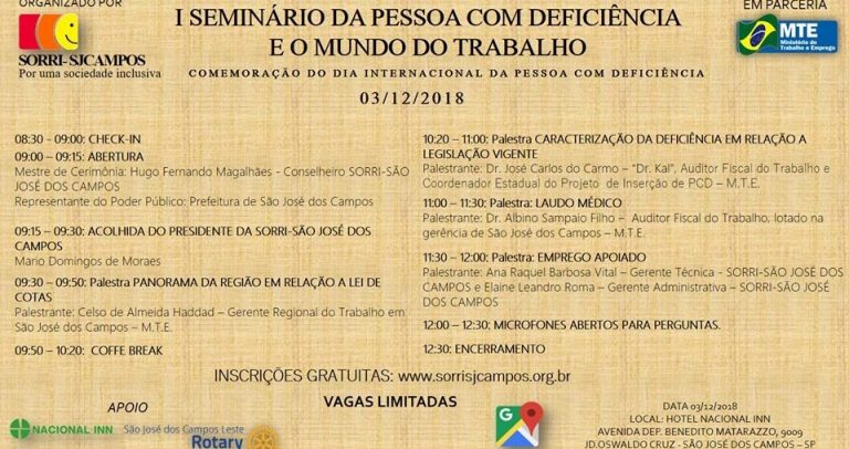 Convite com o programa do evento contendo as informações do texto, em arte em fundo bege, ilustrado com as logomarcas dos patrocinadores e apoiadores.
