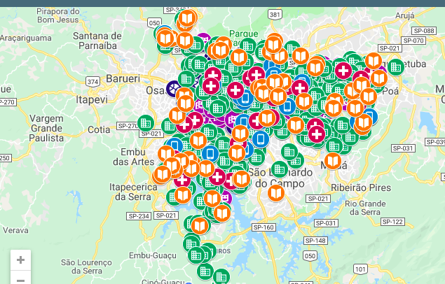 print do mapa de São Paulo com as marcações de pontos da rede de atendimento nas cores azul, laranja, vermelho e azul, cada uma simbolizando um tipo de serviço.