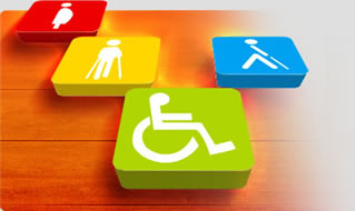 imagem de teclas semelhantes às de um teclado de computador, nas cores vermelha, amarela, azul e verde, com símbolos de acessibilidade em cada uma delas.