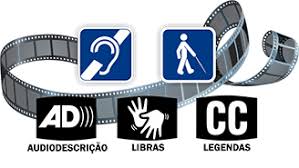 arte contendo um rolo de filme e símbolos de acessibilidade para audiodescrição, Libras e legendas.