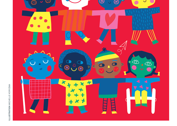 em fundo rosa, oito desenhos coloridos representando jovens com uma ou mais deficiências de mãos dados