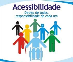 em fundo branco com detalhes nas laterais em azul, imagem mostra representações coloridas da diversidade de Pessoas com Deficiência. NO alto, lê se: Acessibilidade – Direito de todos, responsabilidade de cada um