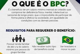 Em fundo cinza, cartaz explica o que é o BPC e os requisitos para requerer o benefícios. Ilustrando as informações. O desenho de uma família, uma célula de dinheiro e a bandeira do Brasil