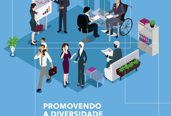 Capa do livro: no fundo uma ilustração de um ambiente de escritório com pessoas em interação de trabalho: um homem e uma mulher analisam um flipchart, um homem em cadeira de rodas conversa com uma mulher em sua mesa, uma pessoa negra de cabelo grisalho lê um jornal no sofa, uma mulher fala ao telefone enquanto outra a observa e um homem leva uma criança em seu ombro. O fundo da capa é azul e o título em destaque é: Promovendo a diversidade e a inclusão mediante adaptações no local de trabalho - um guia prático. No topo em destaque: promoção da equidade e o logo da Santa Causa