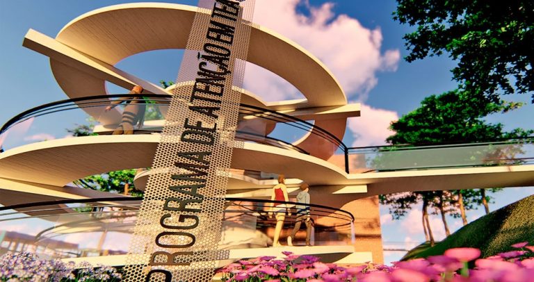 maquete com o protótipo das instalações do Programa de Atenção em TEA, na Unicamp: uma plataforma circular, futurística, em meio à natureza do campus da cidade universitária