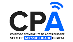 logomarca do Selo de Acessibilidade Digital mostra letras CPna cor preta e A na cor azul, com o símbolo da internet no detalhe. Abaixo se lê: Comissão Permanente de Acessibilidade, Selo de Acessibilidade Digital