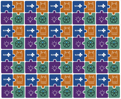 mosaico de peças simulando quebra-cabeças nas cores roxa, ocre, azul marinho e verde, delimitados na cor branca, mostram a logomarca da Fiocruz, o símbolo da acessibilidade e uma lâmpada