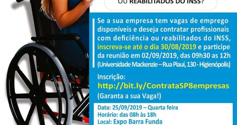 Em fundo branco, cartaz mostra arte de moça sentada em sua cadeira de rodas segurando o convite sobre informações sobre a 8ª edição do Contrata SP. Abaixo, as logomarcas das entidades parcerias.