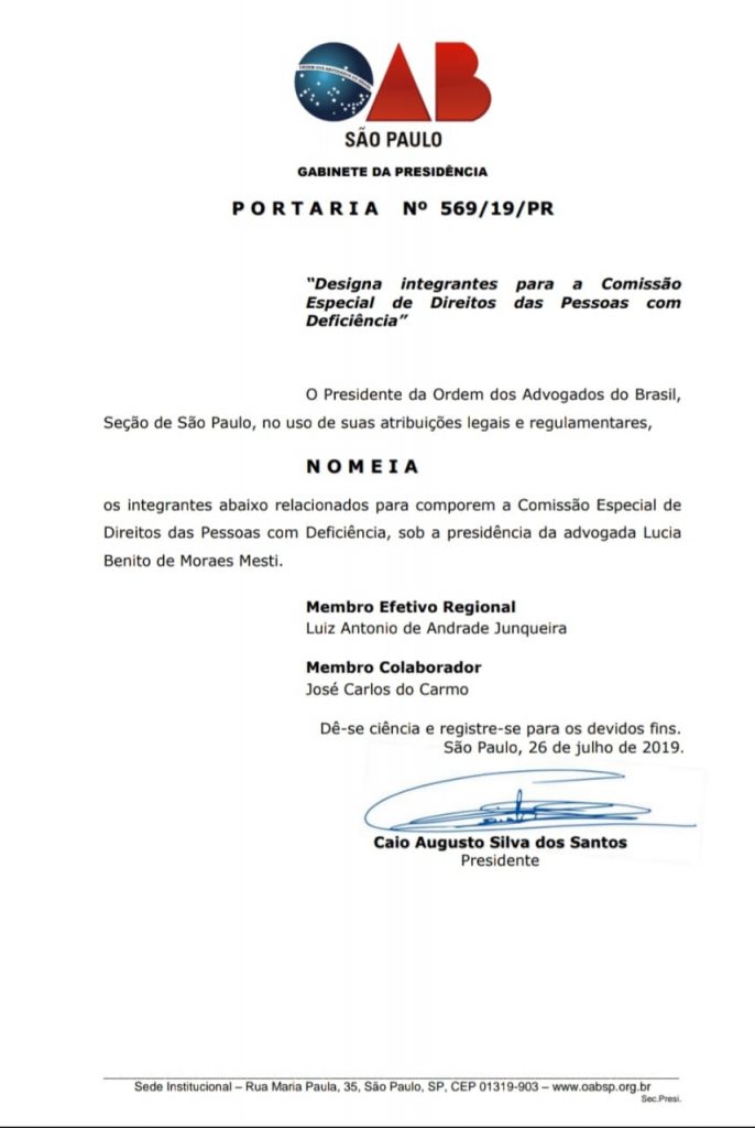 Carta com numero da portaria (569/19) e texto que nomeia José Carlos do Carmo (Kal) como membro colaborador da comissão. O documento é assinado pelo presidente da OAB-SP, Caio Augusto Silva dos Santos