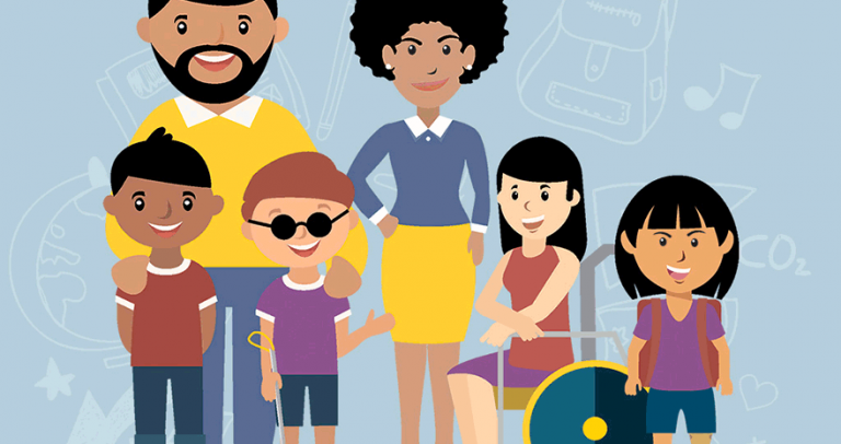 desenho com várias pessoas diferentes, com e sem deficiência
