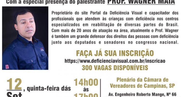 em fundo branco, com detalhes nas cores preta e dourada, convite mostra a fotografia do palestrante no meio da página, do lado direito e no final a logomarca dos realizadores, além das informações sobre o evento