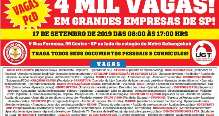 cartaz em fundo branco com detalhes nas cores vermelha e amarelo tem em seu texto destacado Mutirão de Emprego, vagas para PcD