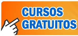arte de fundo laranja, uma mão apontando para as palavras: Cursos Gratuitos, escritas em letras azuis.