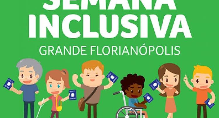 Ilustração com as palavras "Semana Inclusiva Grande Florianópolis". Abaixo, hhá desenhos de pessoas com deficiência física, visual e intelectual segurando carteiras de trabalho.