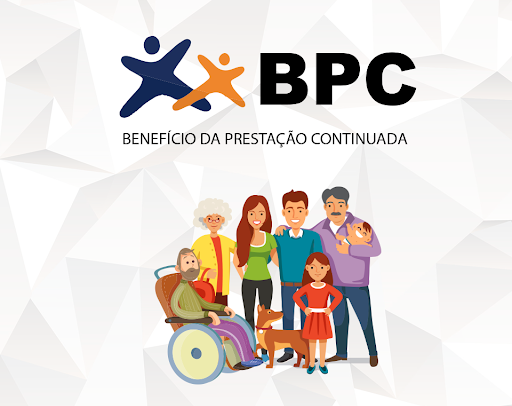 Ilustração de uma família com um homem e uma mulher jovens, um homem e uma mulher idosos, um homem em uma cadeira de rodas, uma menina, um bebê de colo e um cachorro. Acima do desenho, está o logo do BPC e os dizeres Benefício da Prestação Continuada. O logo do BPC é composto por duas formas geométricas de pessoas, uma azul e a outra laranja.