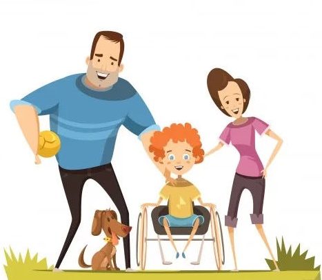 Ilustração de uma família em um gramado. À esquerdo, está um homem, que segura uma bola. Aos pés dele, está um cachorrinho. No centro da imagem, há uma criança em uma cadeira de rodas. À direita, está uma mulher. O fundo é branco.