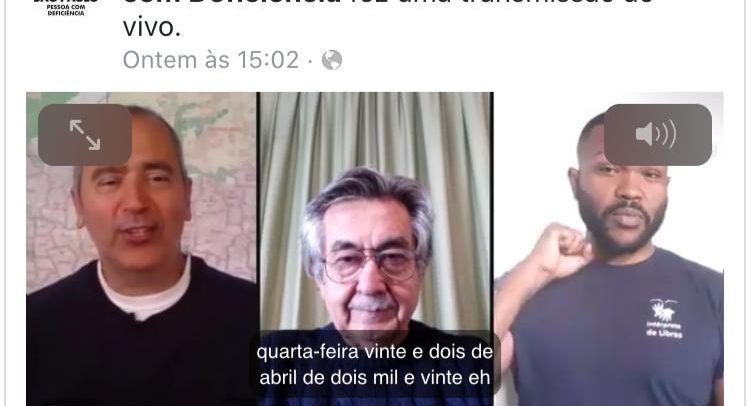 Print de Live da SMPED, no Facebook. À esquerda, está o secretário Cid Torquato; ao centro, o Dr. José Carlos do Carmo e, à direita, o intérprete de Libras.