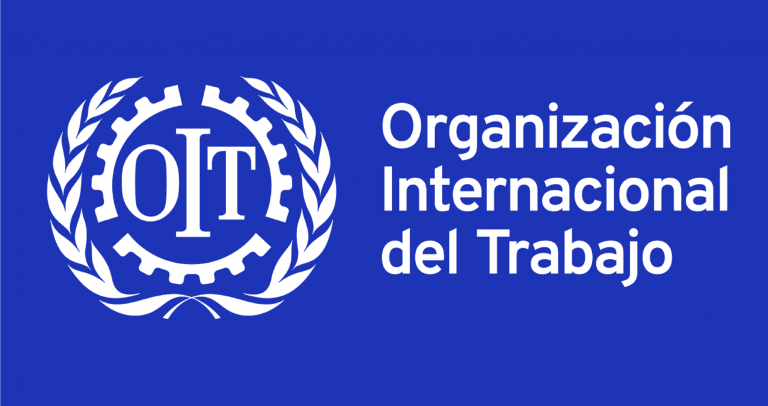 sobre fundo azul escuro, imagem e texto em cor branca, representando o logotipo da OIT e com o texto em espanhol: Organización Internacional del Trabajo.