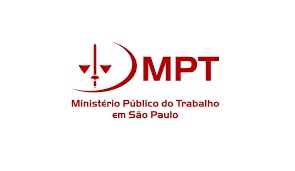 Logo do Ministério Público do Trabalho. Todo o desenho é bordô. À esquerda, há a ilustração de uma balança e, à direita, está escrito MPT. Abaixo, está escrito Ministério Público do Trabalho em São Paulo.
