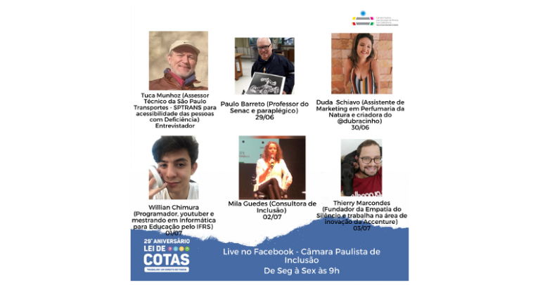 A imagem contém um fundo branco com 6 fotos dos participantes das lives, com nome e cargo e a data que cada um vai participar das lives.
