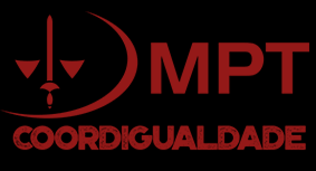 sobre um fundo preto está escrito, em letras vermelhas e caixa alta, a sigla MPT, e abaixo COORDIGUALDADE. Do lado esquerdo está o símbolo do Ministério Público do Trabalho.