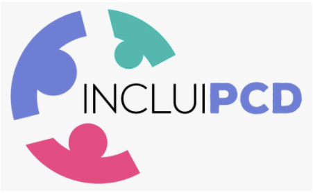 logo do programa INCLUIPCD, com o nome em cinza e azul, e três imagens que representam pessoas com cabeça e braços, formando meio círculo em torno da palavra "inclui".