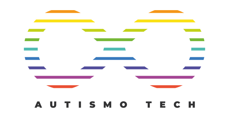 #descriçãodaimagem: o oito deitado, que representa o símbolo do infinito, é composto por listras de diversas cores (amarelo, laranja, verde, azul, roxo, rosa). Abaixo está escrito em preto e caixa alta as palavras Autismo Tech.