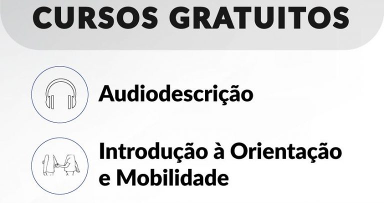 card com fundo cinza claro e informações textuais similares ao do post. Ilustrações de fone de ouvido e pessoa recebendo auxílio na mobilidade. No rodapé logo da SEDPcD