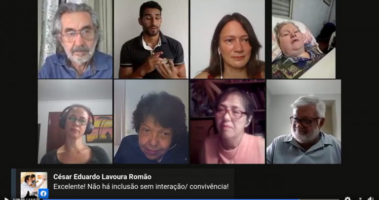 print da tela da reunião virtual, com 8 dos participantes: Dr. José Carlos do Carmo, Luan Mota (intérprete de libras), Lailah Vilela, Ana Rita de Paula, Sandra Nascimento, Izabel Maior, Maria Maeno e Francisco Cerignoni.