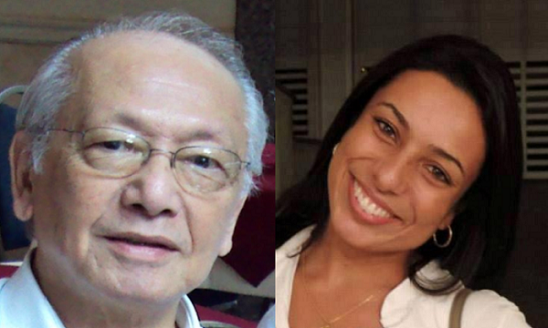 Foto de Romeu Sassaki e Aline Morais. Romeu é um homem branco, de cabelos brancos e calvo. Tem olhos escuros e usa óculos de armação fina. Já Aline é uma mulher morena de cabelos pretos, longos e lisos. Tem olhos pretos. Ela está sorrindo e com a cabeça levemente inclinada para a direita.