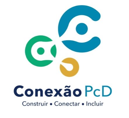 Logo do programa Conexão PCD: é uma imagem composta por três círculos interligados, o primeiro é um C azul e está no lado direito da imagem, com um pequena bola no centro, o segundo é menor e está mais abaixo e para o lado esquerdo, é na cor verde e também com um círculo no centro, o terceiro é na cor amarela, o menor de todos e está mais para o lado direito. contém uma pequena bola branca meio aberta. Abaixo está escrito: Conexão PCD em azul. A palavra Conexão está em negrito. Abaixo estão escritas as palavras construir, conectar, incluir.