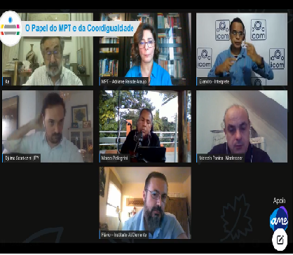 print de tela do encontro virtual, com as imagens em mosaico, de José Carlos do Carmo, Adriane Reis de Araújo, Evandro (intérprete de Libras, Djalma Scartezini, Marco Pellegrini, Marcelo Panico, Flavio Gonzalez.