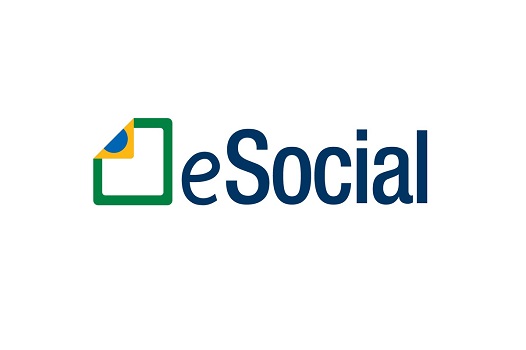 Logo do E-social: em um fundo branco, há um pequeno quadrado em linhas verdes, cuja lateral superior esquerda tem a ponta virada para dentro e é verde amarela, imitando a bandeira do Brasil. Ao lado está escrito em azul o e em letra minúscula e o Social com S maiúsculo.