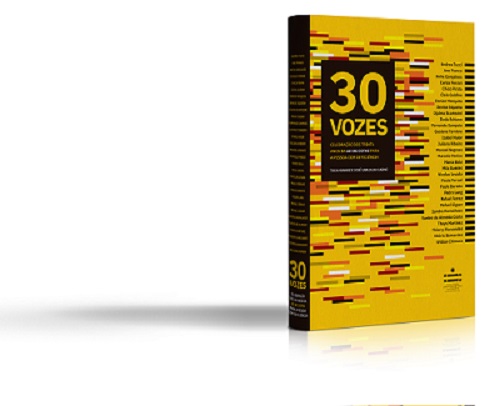 Imagem do livro 30 vozes, que tem uma capa amarela com listras horizontais coloridas. Em um quadrado preto, está escrito 30 vozes, em amarelo e caixa alta. No canto direito, há uma lista com os nomes das pessoas que participam do livro, e abaixo, o logo da Câmara Paulista de Inclusão.