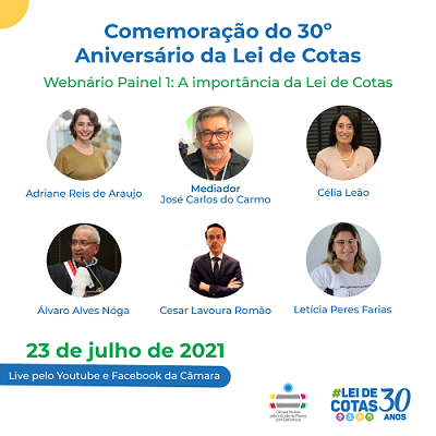Card com fundo branco. Na parte superior está o título em azul: Comemoração do 30º aniversário da Lei de cotas. Abaixo, está escrito em verde: webinário painel 3: a atuação dos sindicatos na garantia da empregabilidade de profissionais com deficiência. No centro, há 6 fotos em formato redondo dos participantes, na seguinte ordem: Adriane Reis de Araújo - mulher branca, de olhos e cabelos castanhos, curtos, veste uma blusa marrom e está sorrindo. José Carlos do carmo- mediador - homem branco, de cabelos, barba e bigode grisalhos, usa um óculos quadrado de atmação preta e uma camisa social preta. Célia Leão: mulher branca, de cabelos pretos na altura dos ombros. Veste uma blusa rosa e um colar de pedras brancas. Está sorrindo. Álvaro Alves Nóga: homem branco, de cabelos grisalhos bem curtos, usa um óculos de armação fina, usa uma capa preta com uma faixa vermelha, branca e preta. Está olhando para o lado e sorrindo. Cesar Lavoura Romão: homem branco, de cabelos escuros e curtos, usa óculos de armação fina, veste um terno e gravata azul-escuro e uma camisa branca. está com os braços cruzados. Letícia Peres Farias - mulher branca, de cabelos loiros na altura dos ombros. Usa óculos com armação transparente e um batom rosa claro e uma camiseta branca . Está sorrindo. Abaixo está o texto em verde: 23 de julho de 2021. Abaixo, há uma faixa azul, onde está escrito em branco: live pelo Youtube e Facebook da Câmara. Mais abaixo, no canto direito, estão os logos da Câmara Paulista de Inclusão e dos 30 anos da lei de cotas.