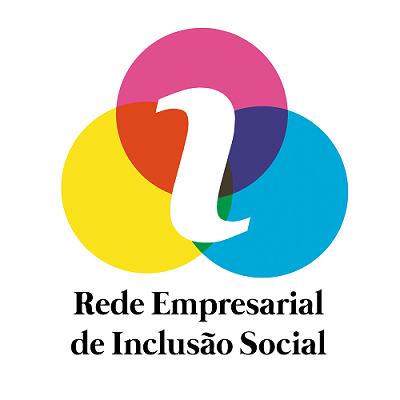 imagem mostra o logo da REIS, que é composto por três círculos entrelaçados, nas cores rosa, amarelo e azul, e no centro há a letra "I em branco". abaixo está escrito em preto: Rede Empresarial de Inclusão Social.